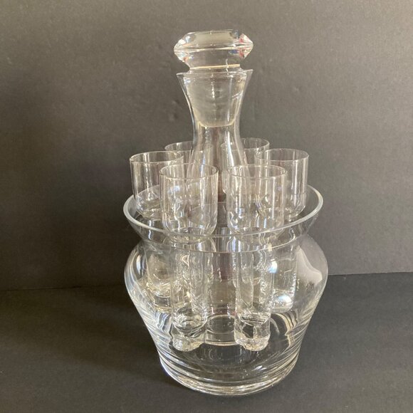 Vintage Czech Glass Grooms Gift Decanter Set With 6 Shot Glasses And Ice Bowl - Picture 3 of 9